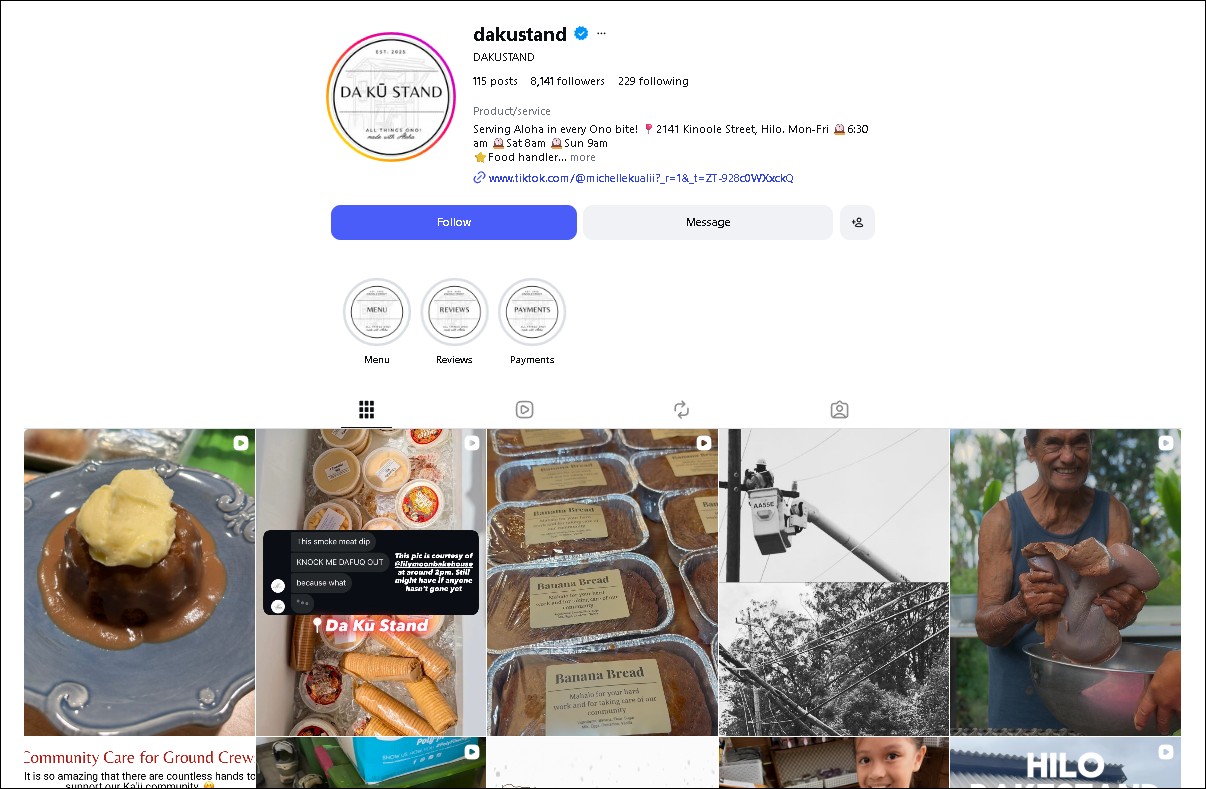 Da Ku Stand Instagram - bake stand in Hilo
